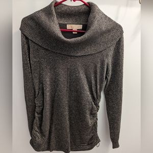 Michael Kors Top Medium cowl neck pull cord ruched sides black/silver metallic